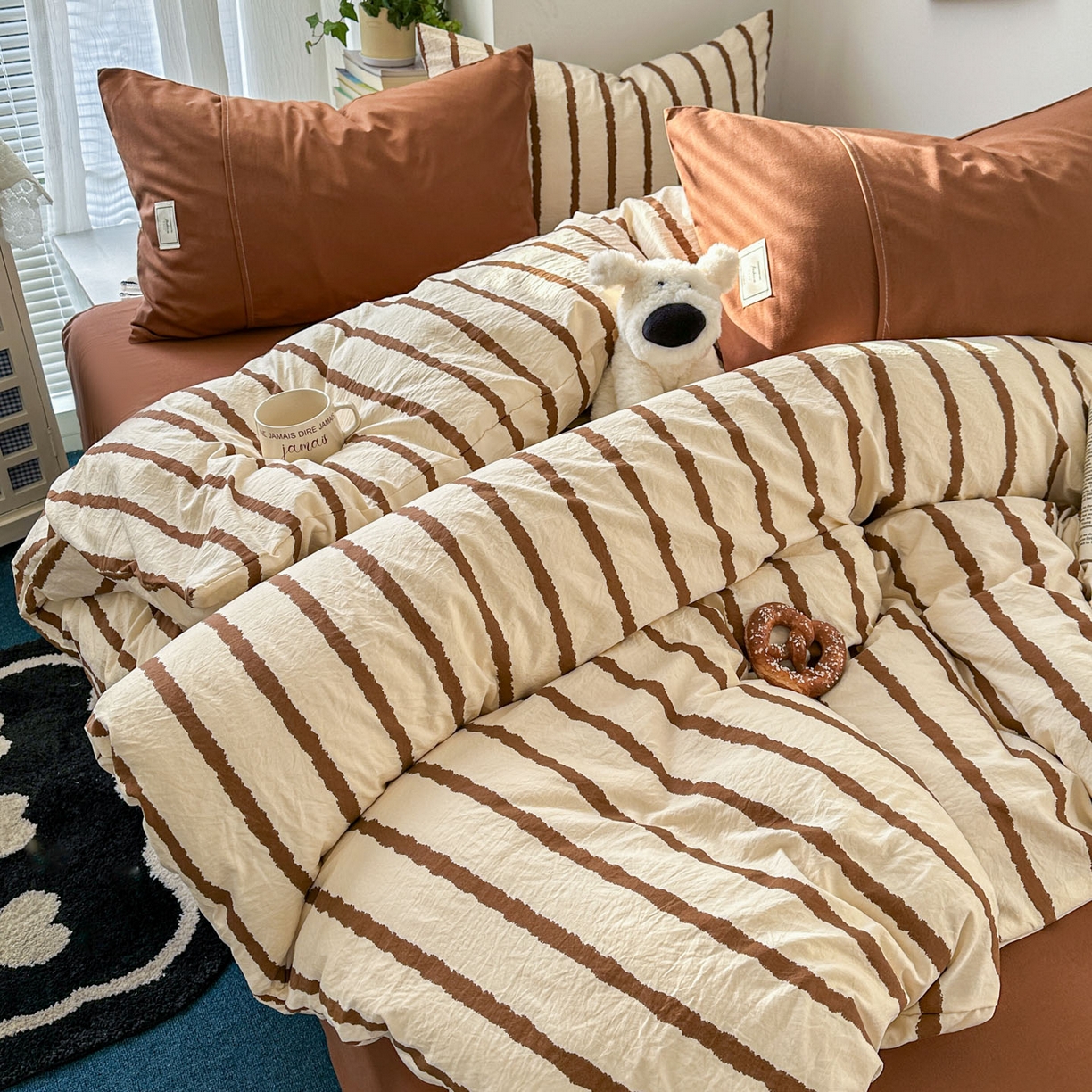 91家纺网 家纺一手货源 找家纺 上尚居 2026新款简约印花古法水洗棉四件套-摩卡 摩卡-咖