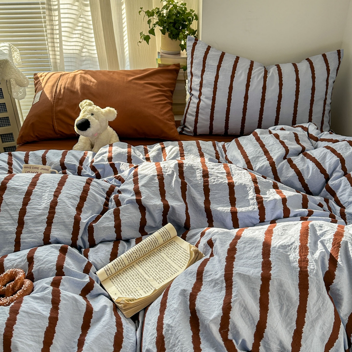 91家纺网 家纺一手货源 找家纺 上尚居 2026新款简约印花古法水洗棉四件套-摩卡 摩卡-蓝