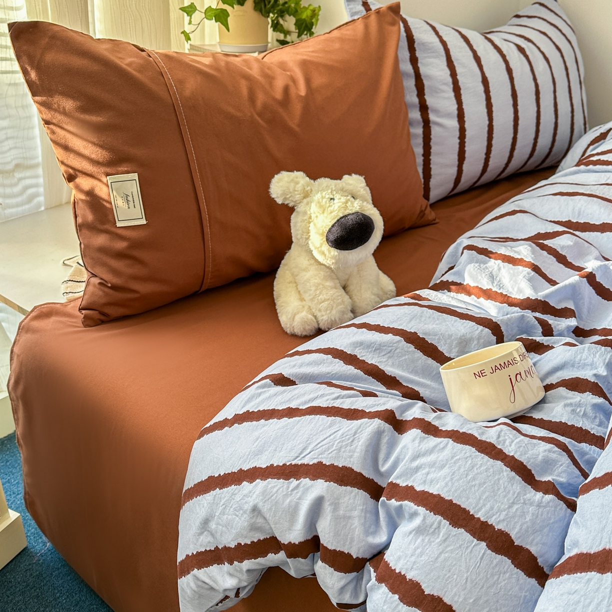 91家纺网 家纺一手货源 找家纺 上尚居 2026新款简约印花古法水洗棉四件套-摩卡 摩卡-蓝