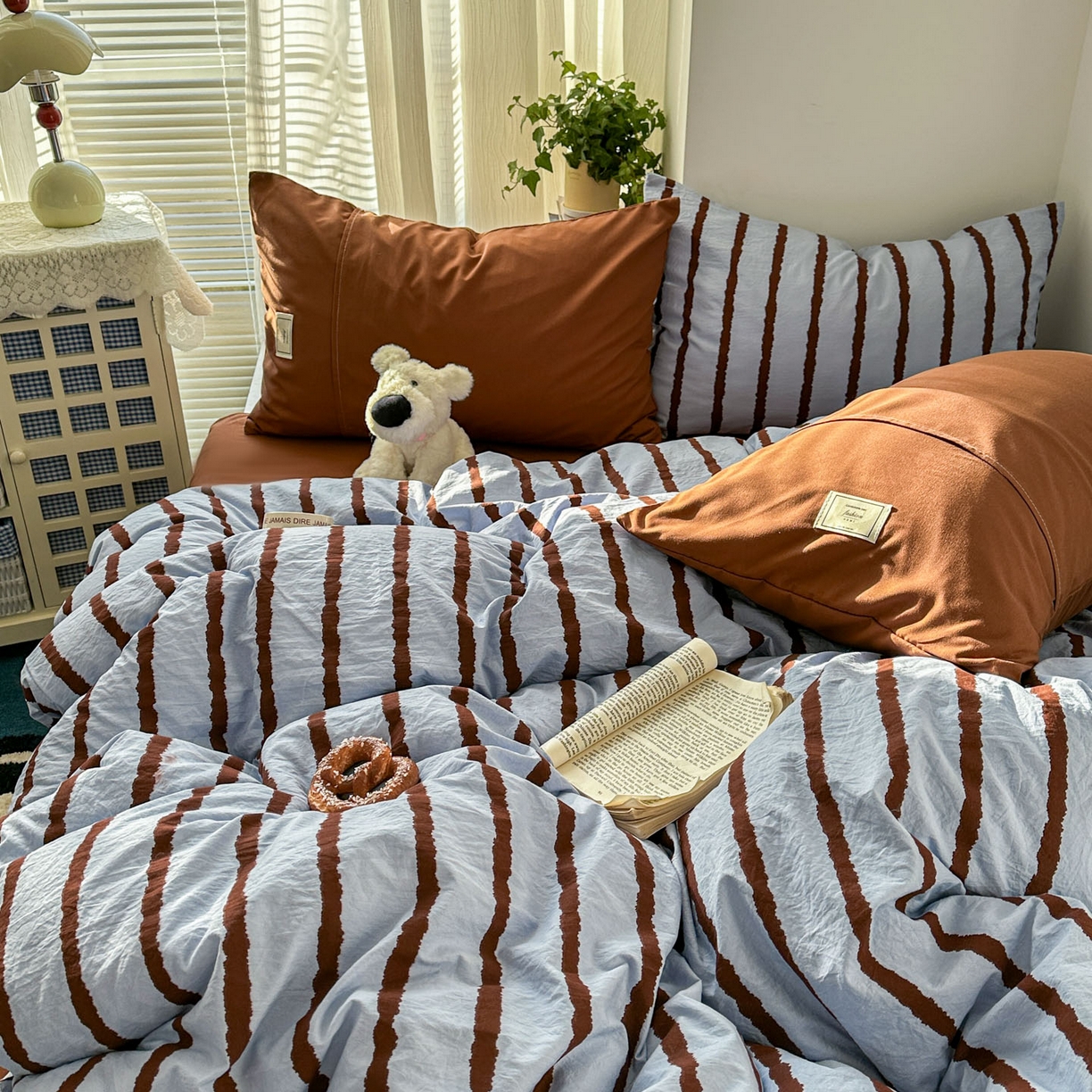 91家纺网 家纺一手货源 找家纺 上尚居 2026新款简约印花古法水洗棉四件套-摩卡 摩卡-蓝