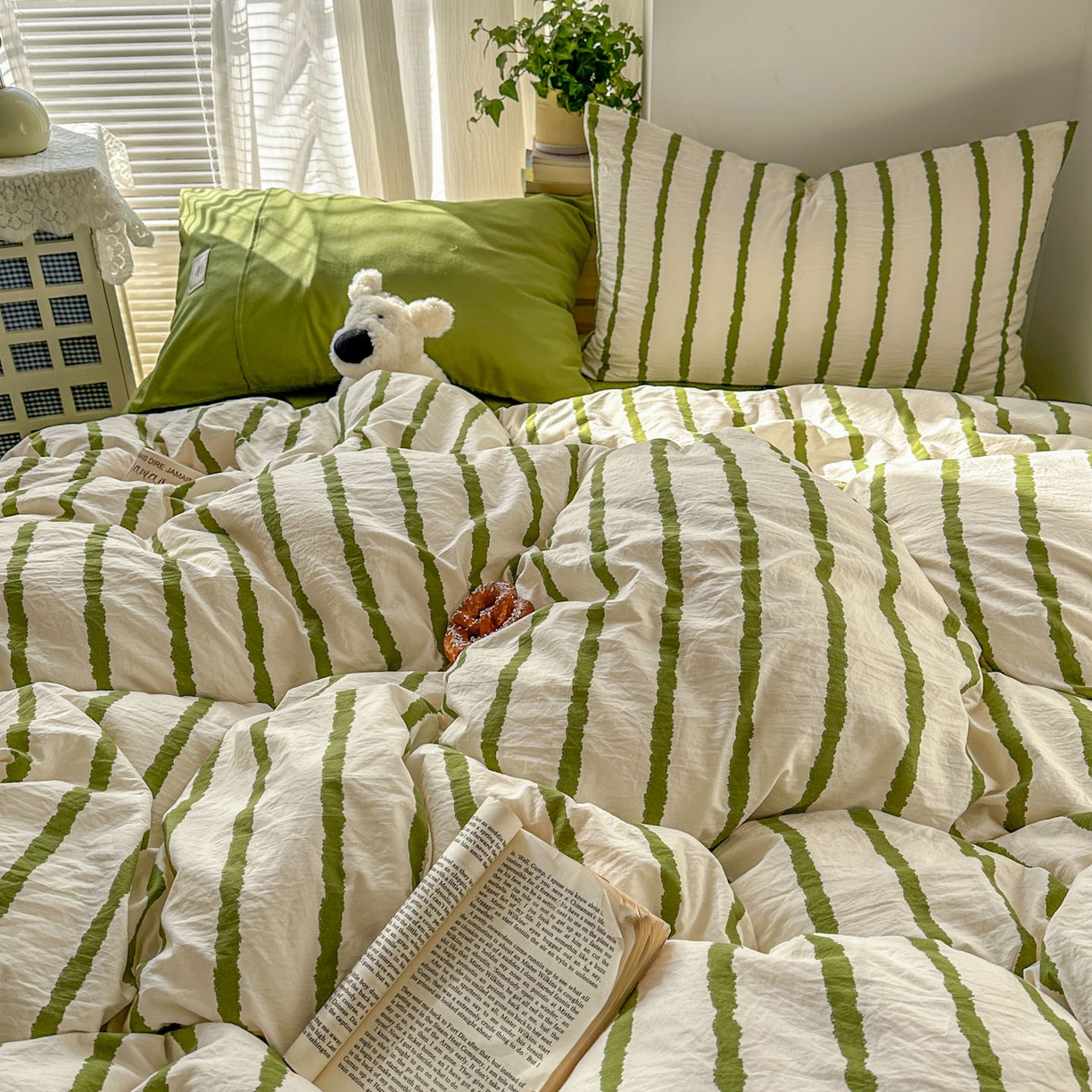 91家纺网 家纺一手货源 找家纺 上尚居 2026新款简约印花古法水洗棉四件套-摩卡 摩卡-绿