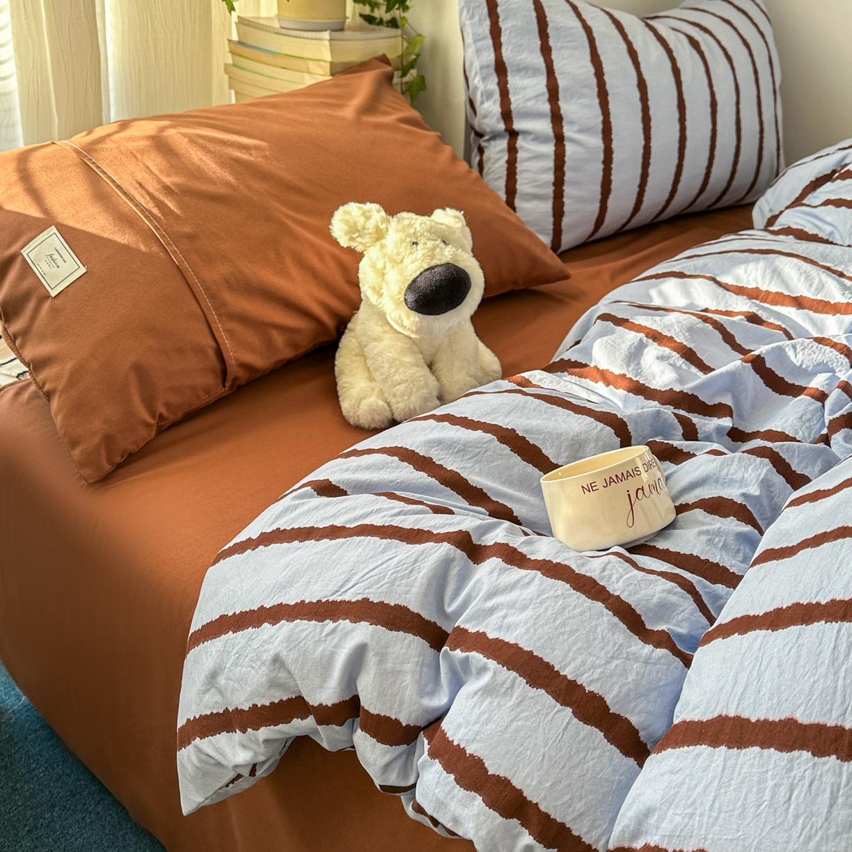 91家纺网 家纺一手货源 找家纺 上尚居 2026新款简约印花古法水洗棉四件套-摩卡 摩卡-蓝