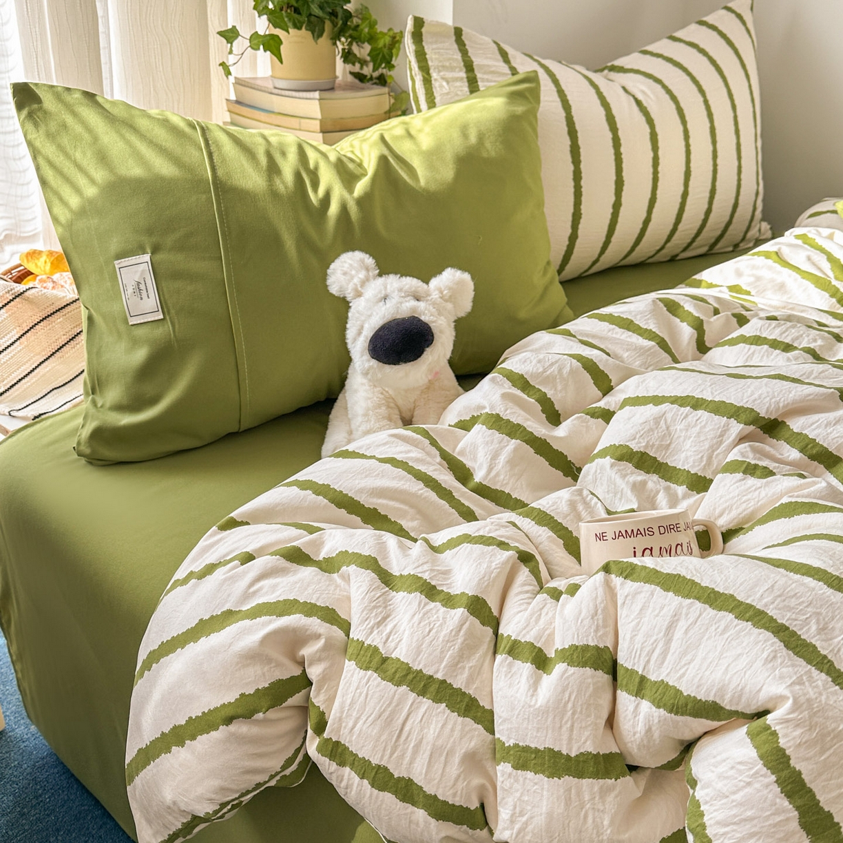 91家纺网 家纺一手货源 找家纺 上尚居 2026新款简约印花古法水洗棉四件套-摩卡 摩卡-绿