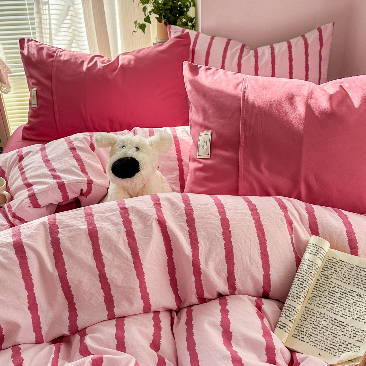 91家纺网 家纺一手货源 找家纺 上尚居 2026新款简约印花古法水洗棉四件套-摩卡 摩卡-粉