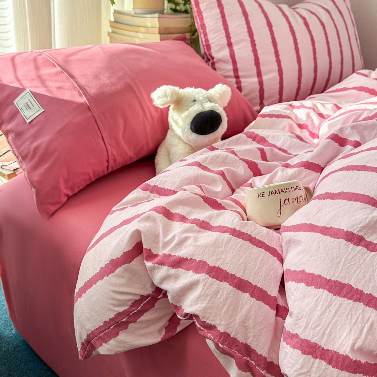 91家纺网 家纺一手货源 找家纺 上尚居 2026新款简约印花古法水洗棉四件套-摩卡 摩卡-粉