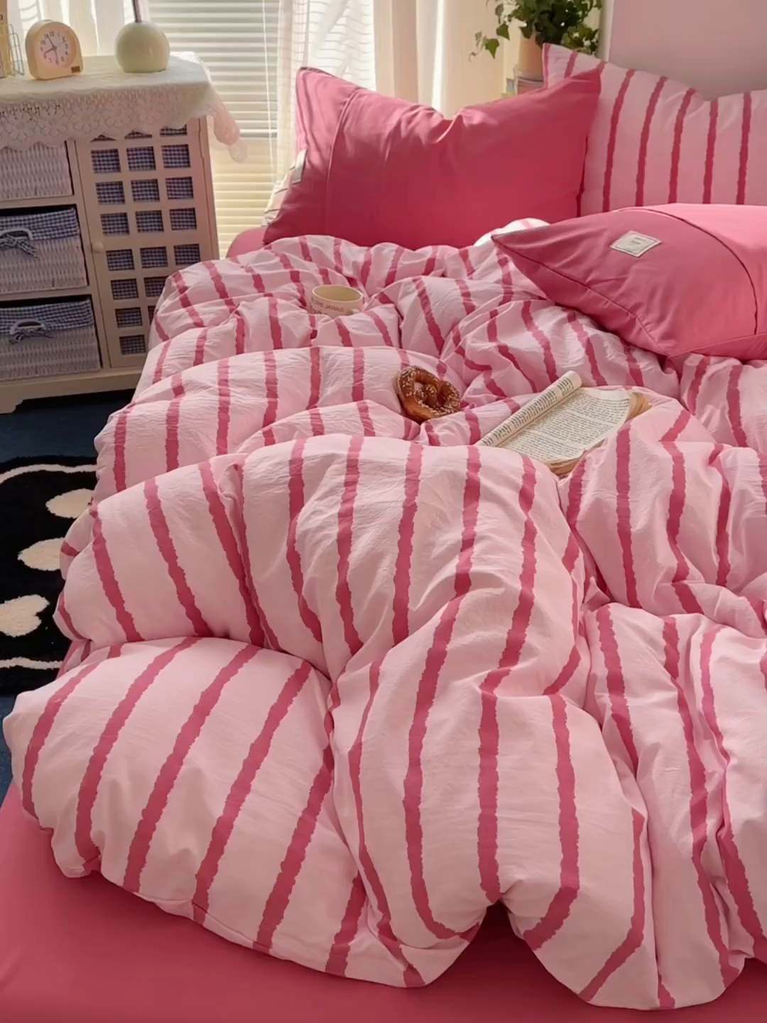 91家纺网 家纺一手货源 找家纺 上尚居 2026新款简约印花古法水洗棉四件套-摩卡 摩卡-粉