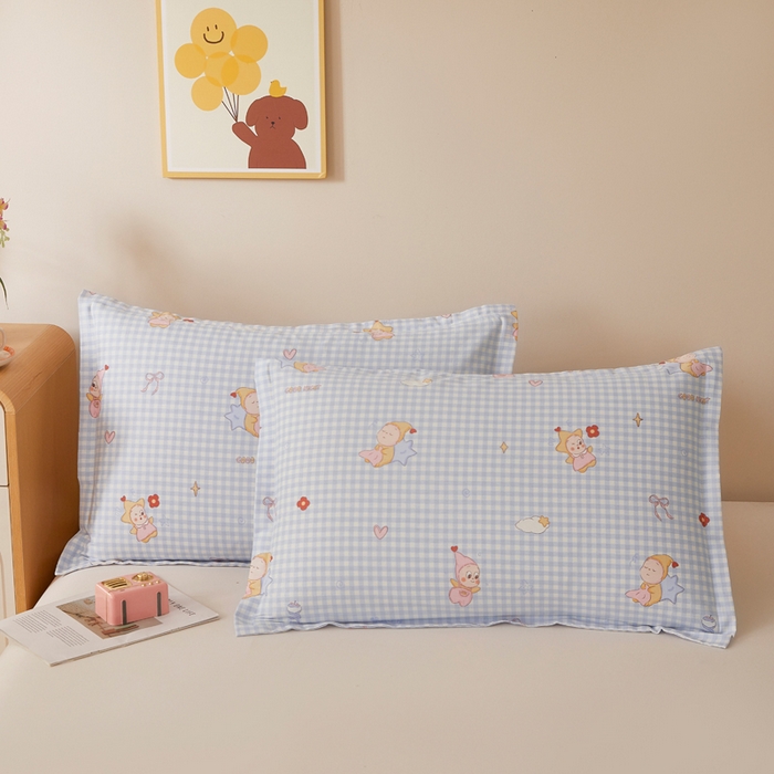91家纺网 家纺一手货源 找家纺 翎盈家纺 2026新款卡通小清新全棉纯棉枕套成人学生儿童枕头套 甜梦小精灵-蓝