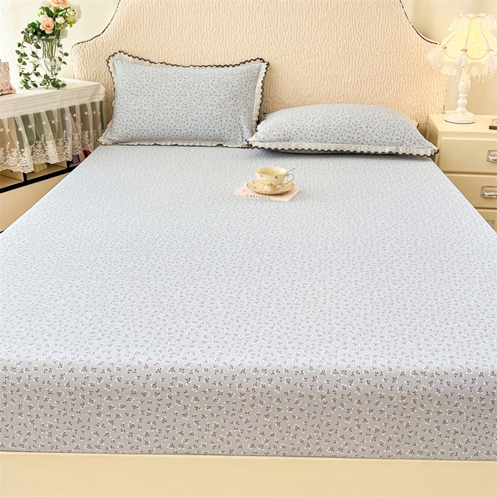 91家纺网 家纺一手货源 找家纺 梦舒羽 2026新款A类云朵棉亲肤四季款床笠席梦思床罩全包床单三件套 满天星-蓝