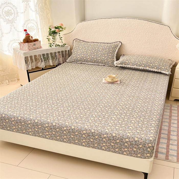 91家纺网 家纺一手货源 找家纺 梦舒羽 2026新款A类云朵棉亲肤四季款床笠席梦思床罩全包床单三件套 海棠花开