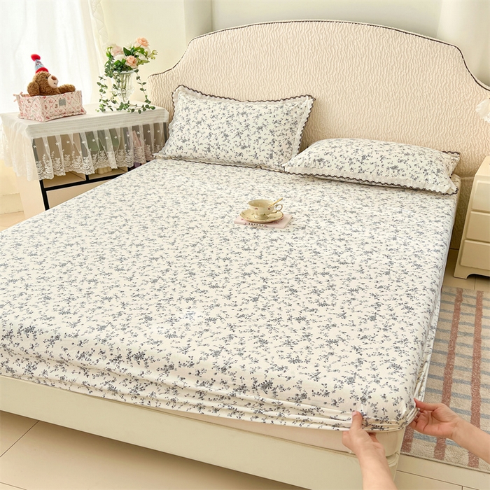 梦舒羽 2026新款A类云朵棉亲肤四季款床笠席梦思床罩全包床单三件套 兰亭序-灰