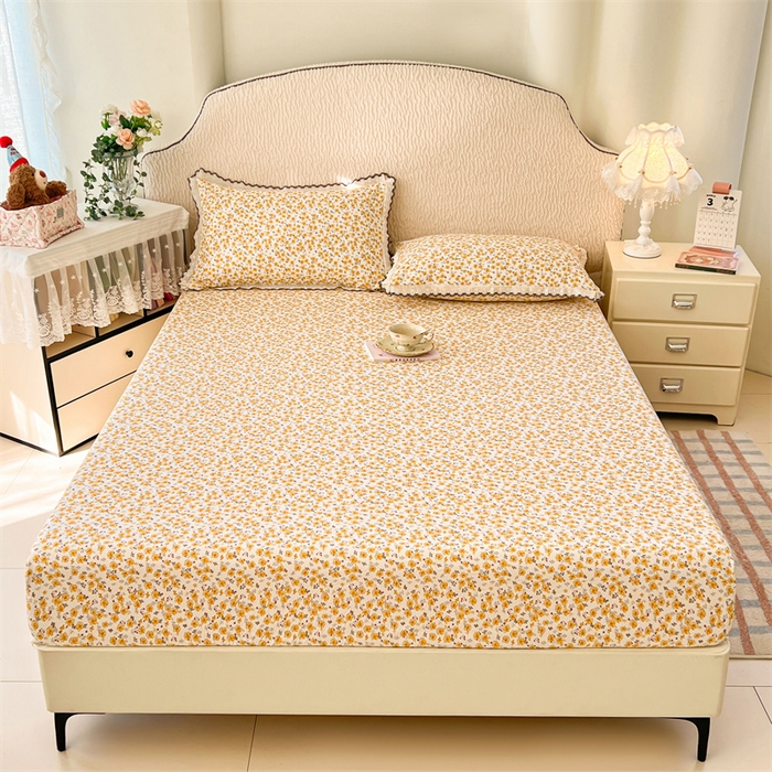 91家纺网 家纺一手货源 找家纺 梦舒羽 2026新款A类云朵棉亲肤四季款床笠席梦思床罩全包床单三件套 春日暖阳