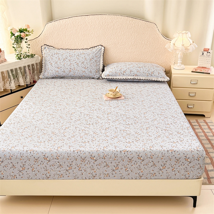 91家纺网 家纺一手货源 找家纺 梦舒羽 2026新款A类云朵棉亲肤四季款床笠席梦思床罩全包床单三件套 兰亭序-蓝