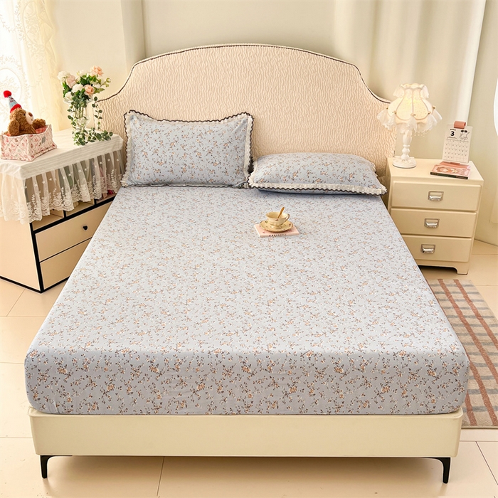 91家纺网 家纺一手货源 找家纺 梦舒羽 2026新款A类云朵棉亲肤四季款床笠席梦思床罩全包床单三件套 兰亭序-蓝