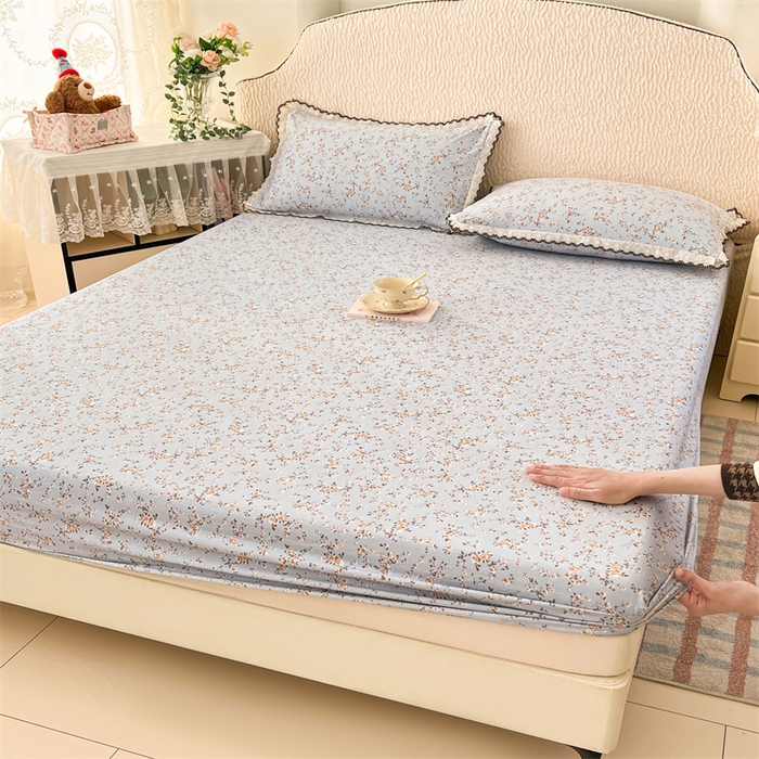 91家纺网 家纺一手货源 找家纺 梦舒羽 2026新款A类云朵棉亲肤四季款床笠席梦思床罩全包床单三件套 兰亭序-蓝