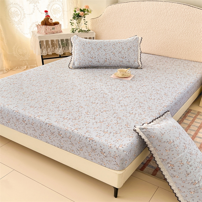 91家纺网 家纺一手货源 找家纺 梦舒羽 2026新款A类云朵棉亲肤四季款床笠席梦思床罩全包床单三件套 兰亭序-蓝