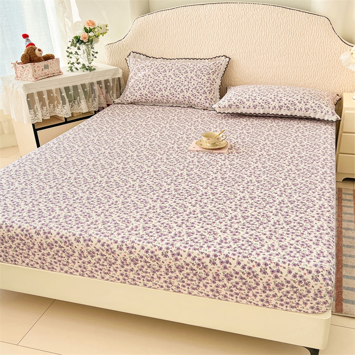 91家纺网 家纺一手货源 找家纺 梦舒羽 2026新款A类云朵棉亲肤四季款床笠席梦思床罩全包床单三件套 紫韵星野