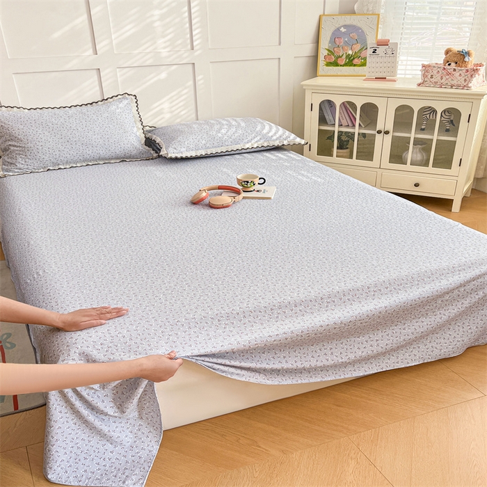 91家纺网 家纺一手货源 找家纺 梦舒羽 2026新款A类云朵棉床单亲肤四季款席梦思床罩全包床单三件套 满天星-蓝