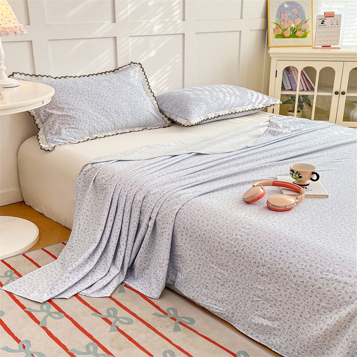 91家纺网 家纺一手货源 找家纺 梦舒羽 2026新款A类云朵棉床单亲肤四季款席梦思床罩全包床单三件套 满天星-蓝