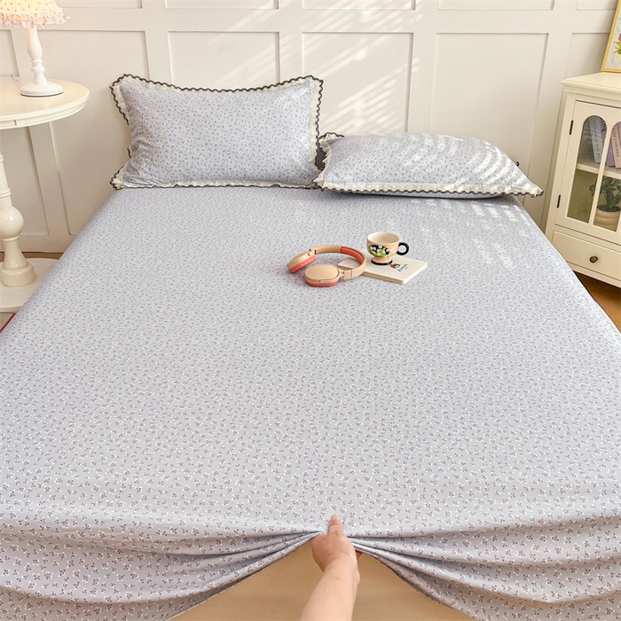 91家纺网 家纺一手货源 找家纺 梦舒羽 2026新款A类云朵棉床单亲肤四季款席梦思床罩全包床单三件套 满天星-蓝