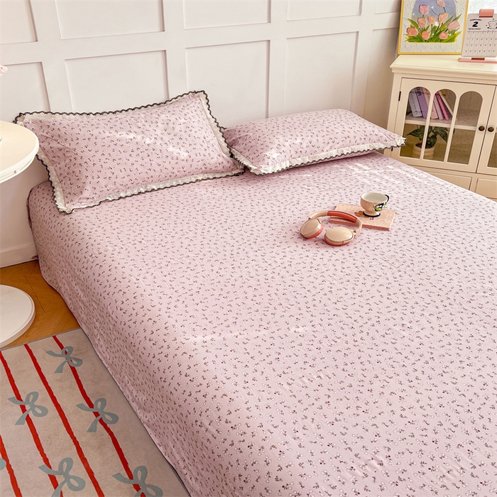 91家纺网 家纺一手货源 找家纺 梦舒羽 2026新款A类云朵棉床单亲肤四季款席梦思床罩全包床单三件套 爱丽丝-粉