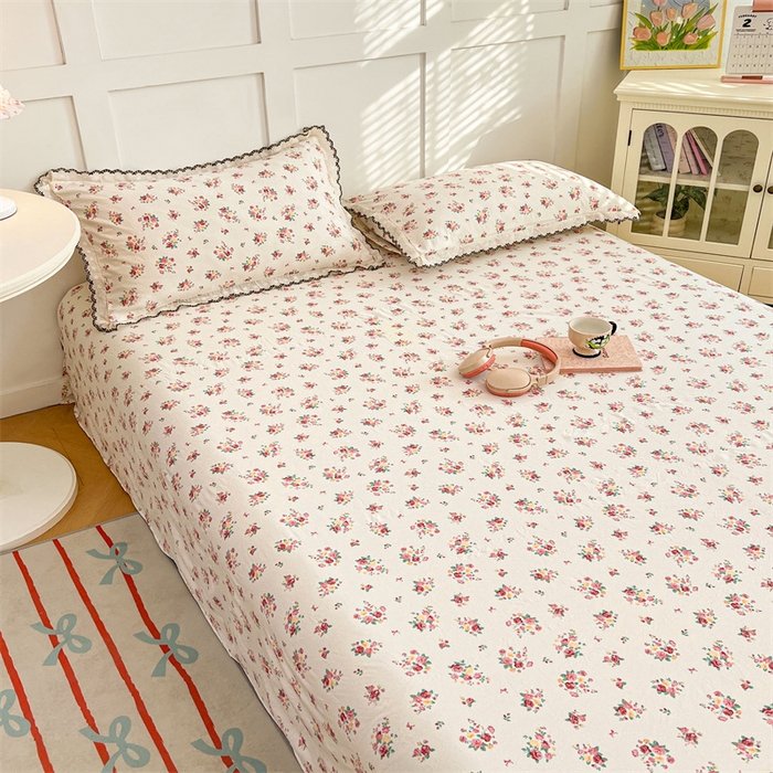 91家纺网 家纺一手货源 找家纺 梦舒羽 2026新款A类云朵棉床单亲肤四季款席梦思床罩全包床单三件套 粉黛花园