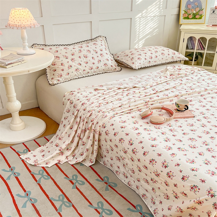 91家纺网 家纺一手货源 找家纺 梦舒羽 2026新款A类云朵棉床单亲肤四季款席梦思床罩全包床单三件套 粉黛花园