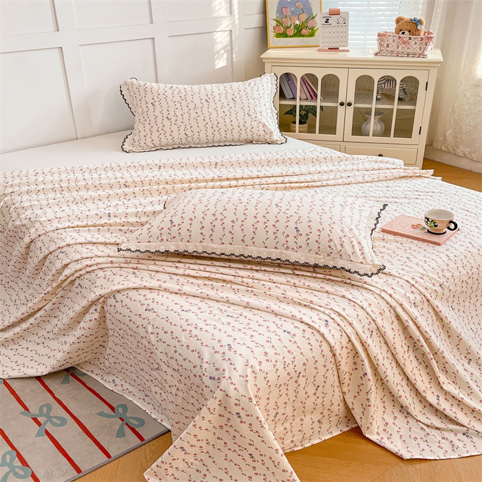 91家纺网 家纺一手货源 找家纺 梦舒羽 2026新款A类云朵棉床单亲肤四季款席梦思床罩全包床单三件套 花漾甜心