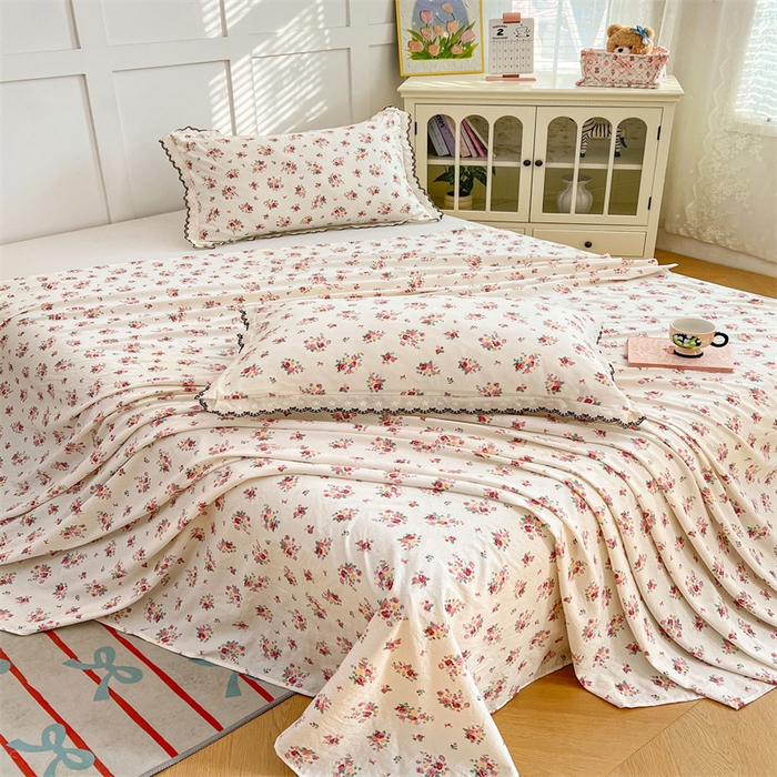 91家纺网 家纺一手货源 找家纺 梦舒羽 2026新款A类云朵棉床单亲肤四季款席梦思床罩全包床单三件套 粉黛花园