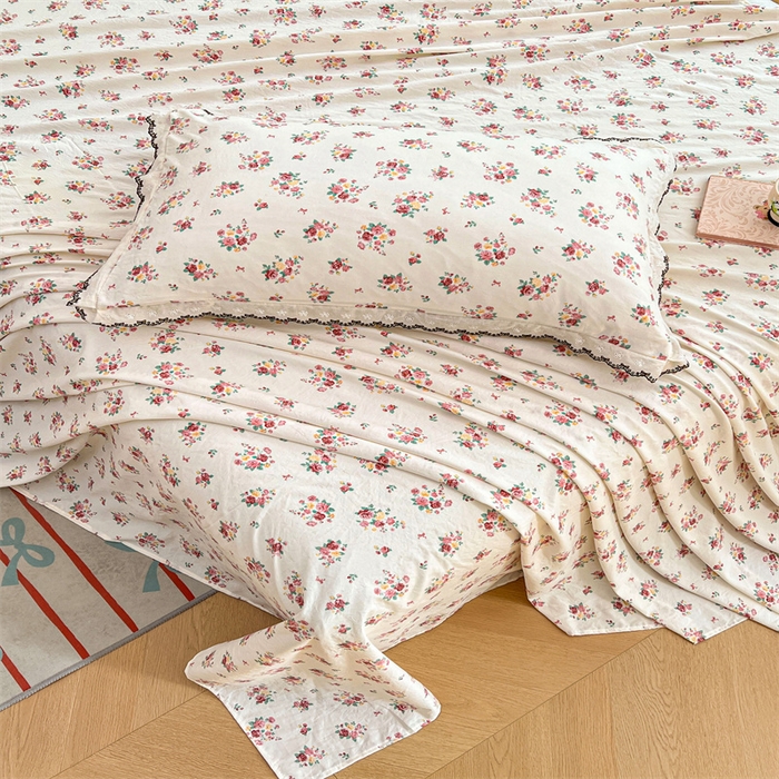 91家纺网 家纺一手货源 找家纺 梦舒羽 2026新款A类云朵棉床单亲肤四季款席梦思床罩全包床单三件套 粉黛花园