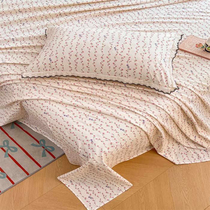 91家纺网 家纺一手货源 找家纺 梦舒羽 2026新款A类云朵棉床单亲肤四季款席梦思床罩全包床单三件套 花漾甜心