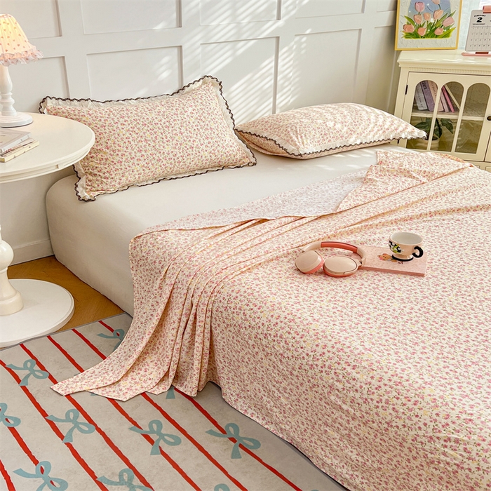 91家纺网 家纺一手货源 找家纺 梦舒羽 2026新款A类云朵棉床单亲肤四季款席梦思床罩全包床单三件套 芊芊花海