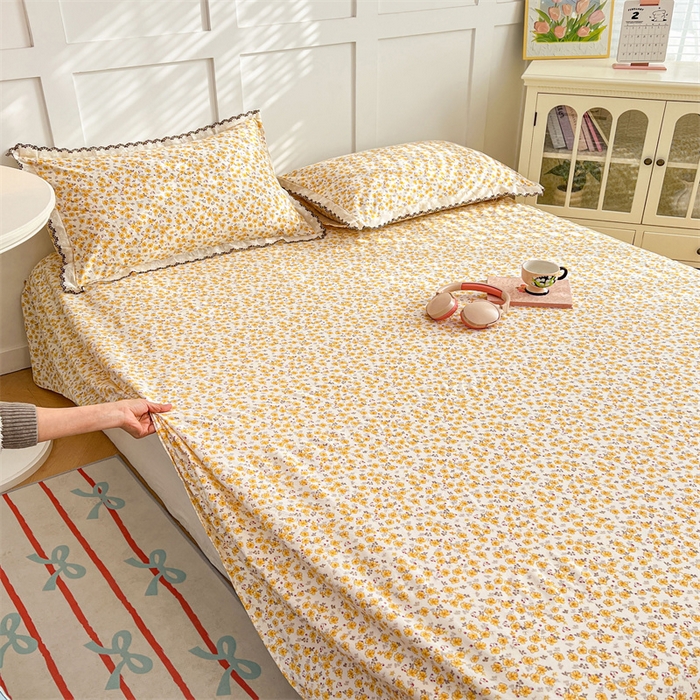 91家纺网 家纺一手货源 找家纺 梦舒羽 2026新款A类云朵棉床单亲肤四季款席梦思床罩全包床单三件套 春日暖阳