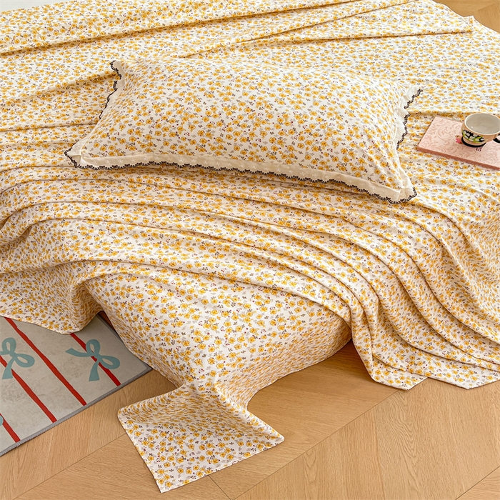 91家纺网 家纺一手货源 找家纺 梦舒羽 2026新款A类云朵棉床单亲肤四季款席梦思床罩全包床单三件套 春日暖阳