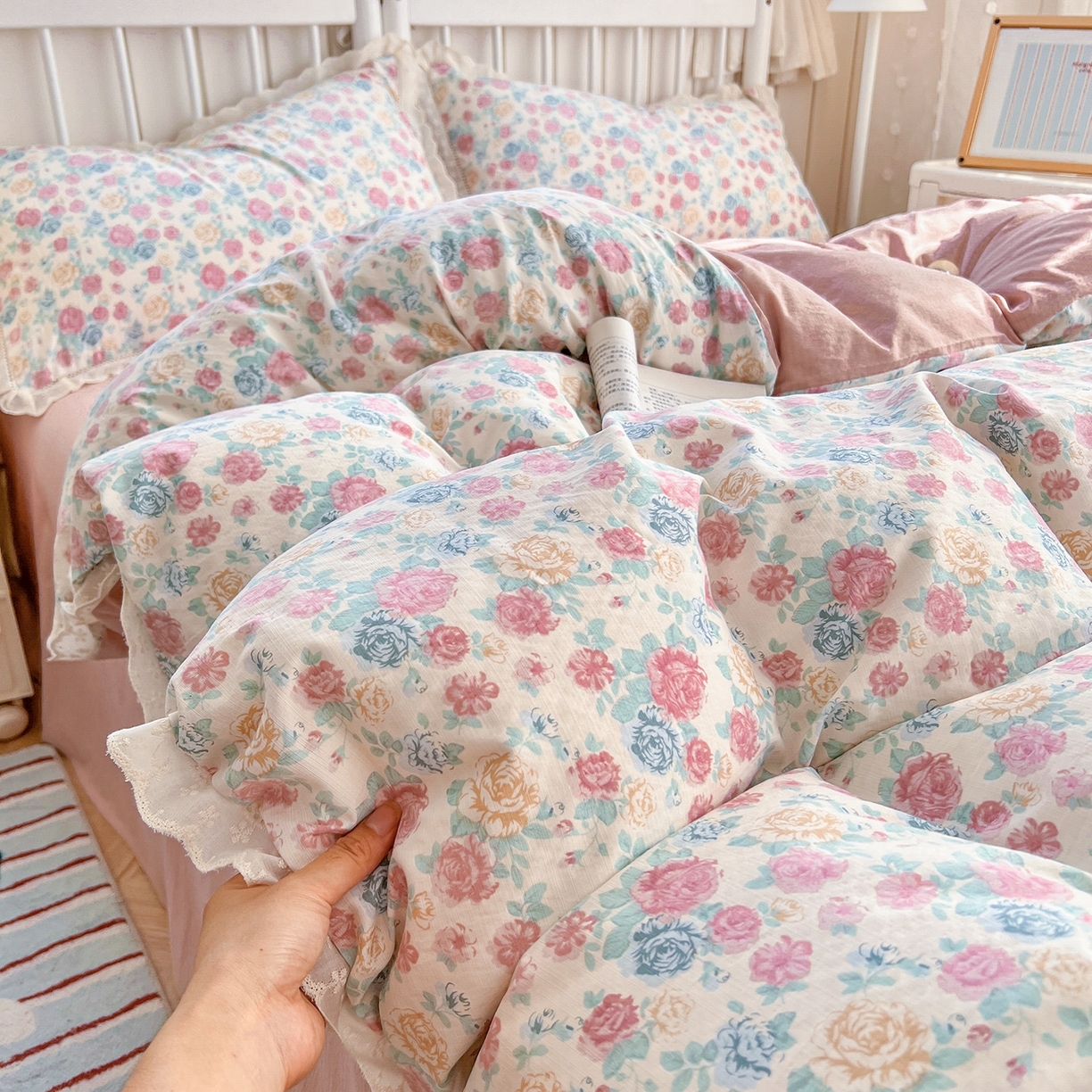 91家纺网 家纺一手货源 找家纺 （总）赫然家纺 2026新款云感皱皱双层纱法式镂空全棉花边款四件套