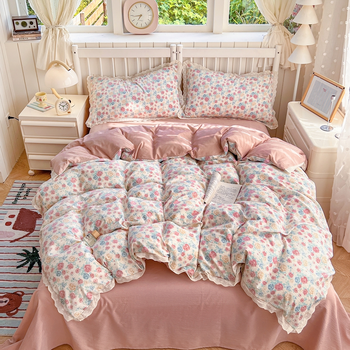 91家纺网 家纺一手货源 找家纺 （总）赫然家纺 2026新款云感皱皱双层纱法式镂空全棉花边款四件套