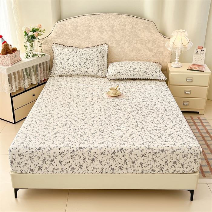 91家纺网 家纺一手货源 找家纺 圣比熊 2026新款A类云朵棉亲肤四季款床笠席梦思床罩全包床单三件套 兰亭序-灰