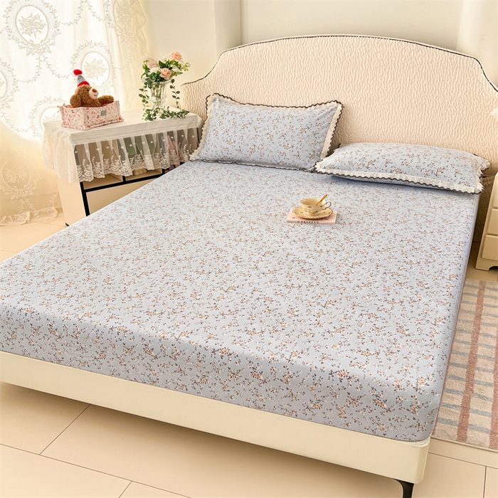 91家纺网 家纺一手货源 找家纺 圣比熊 2026新款A类云朵棉亲肤四季款床笠席梦思床罩全包床单三件套 兰亭序-蓝