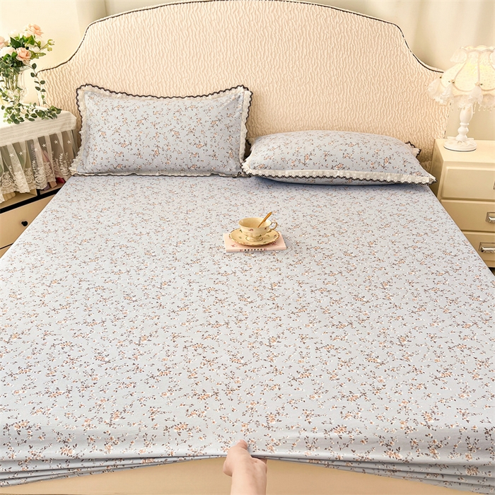 91家纺网 家纺一手货源 找家纺 圣比熊 2026新款A类云朵棉亲肤四季款床笠席梦思床罩全包床单三件套 兰亭序-蓝