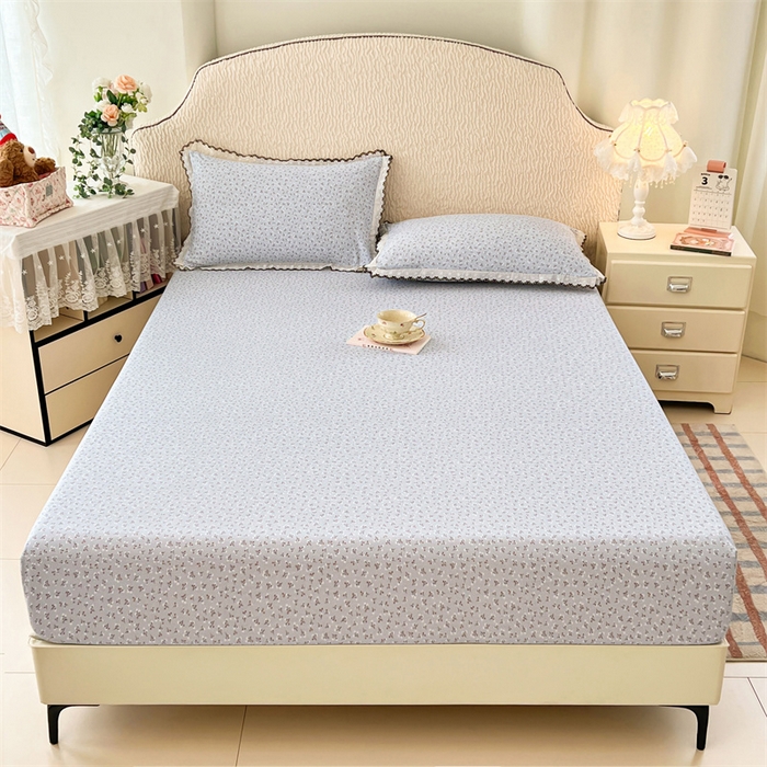 91家纺网 家纺一手货源 找家纺 圣比熊 2026新款A类云朵棉亲肤四季款床笠席梦思床罩全包床单三件套 满天星-蓝