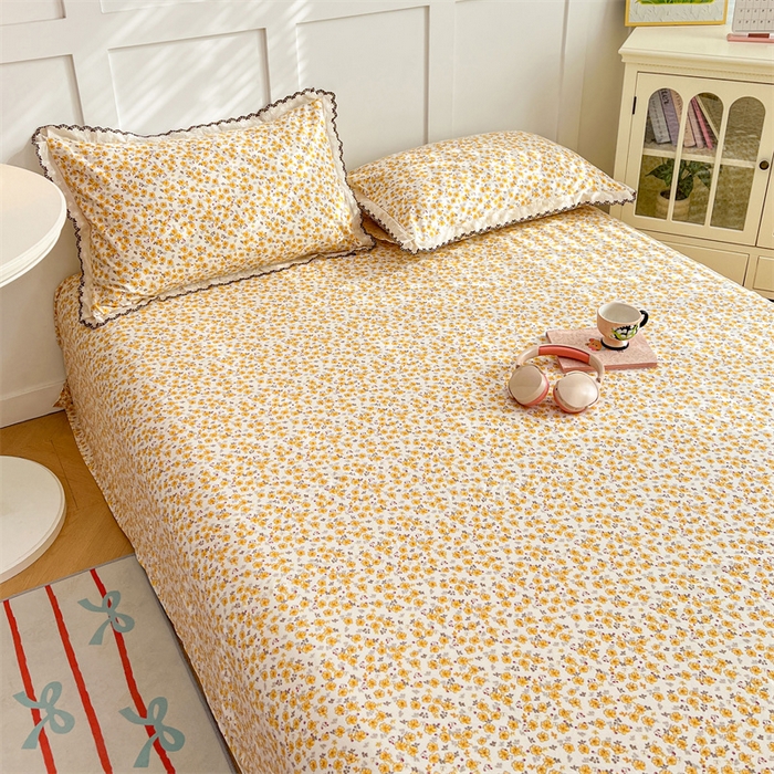 91家纺网 家纺一手货源 找家纺 圣比熊 2026新款A类云朵棉床单亲肤四季款席梦思床罩全包床单三件套 春日暖阳