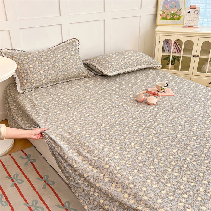 91家纺网 家纺一手货源 找家纺 圣比熊 2026新款A类云朵棉床单亲肤四季款席梦思床罩全包床单三件套 海棠花开