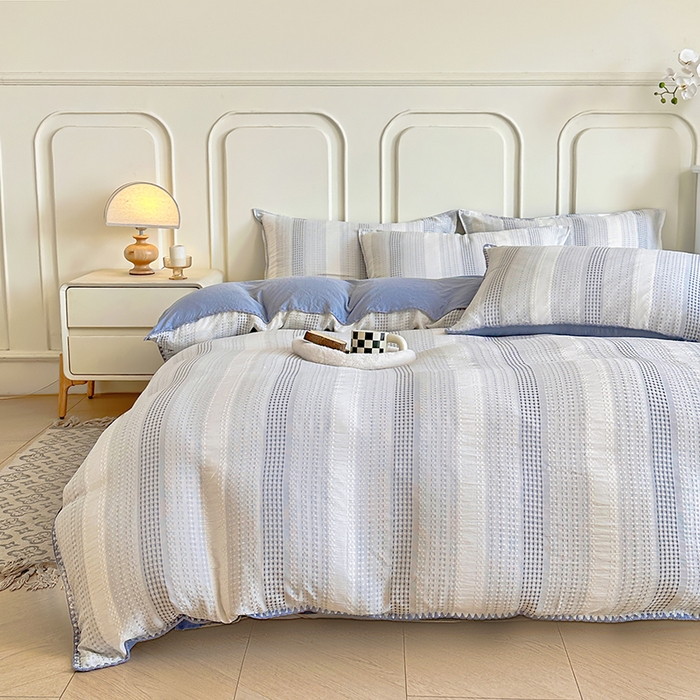 91家纺网 家纺一手货源 找家纺 木子家纺 2026新款水洗棉贝壳边四件套-皖沙 海天蓝