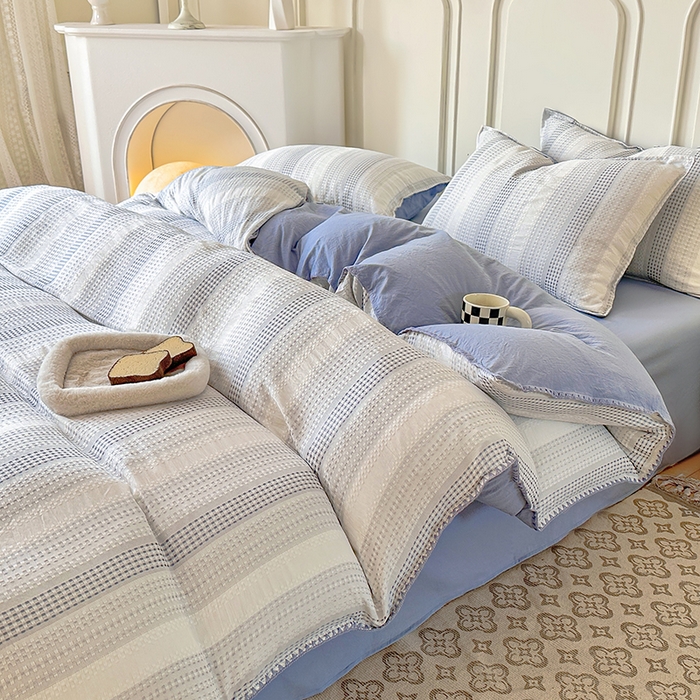 91家纺网 家纺一手货源 找家纺 木子家纺 2026新款水洗棉贝壳边四件套-皖沙 海天蓝