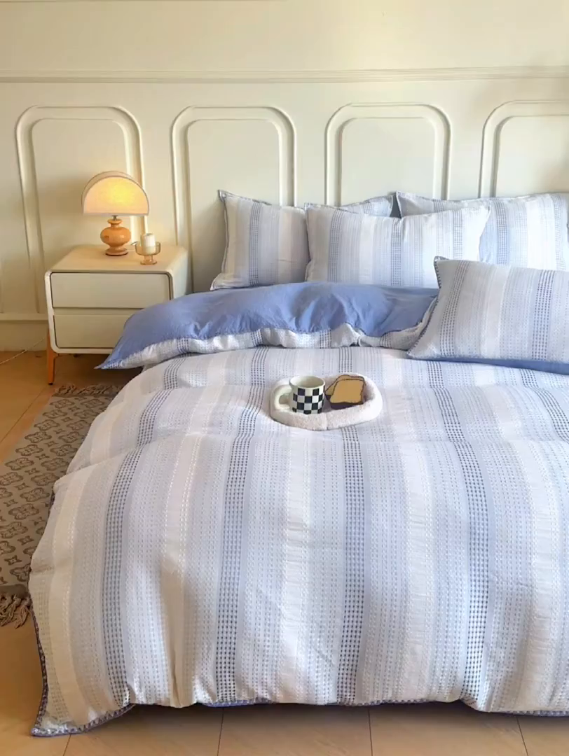 91家纺网 家纺一手货源 找家纺 木子家纺 2026新款水洗棉贝壳边四件套-皖沙 海天蓝