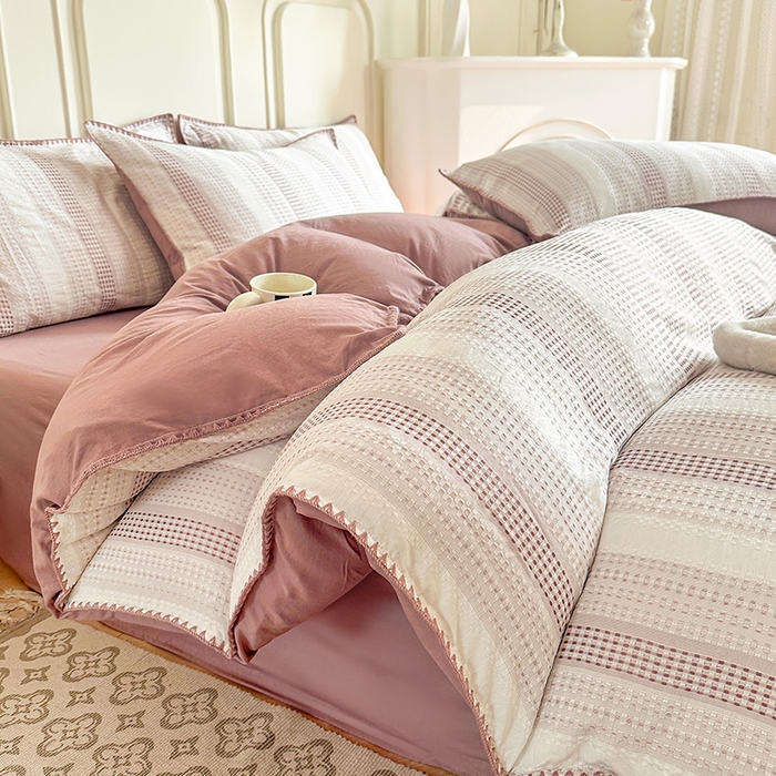 91家纺网 家纺一手货源 找家纺 木子家纺 2026新款水洗棉贝壳边四件套-皖沙 绛沙