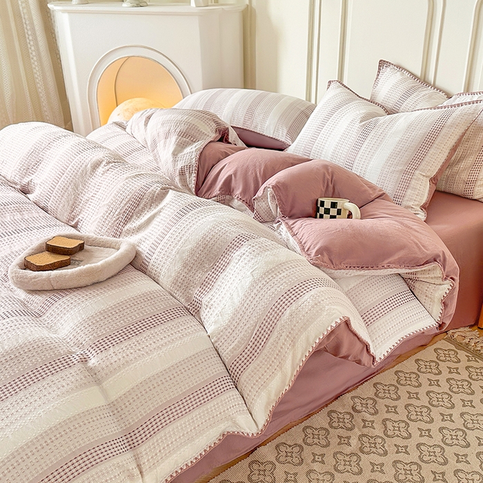 91家纺网 家纺一手货源 找家纺 木子家纺 2026新款水洗棉贝壳边四件套-皖沙 绛沙