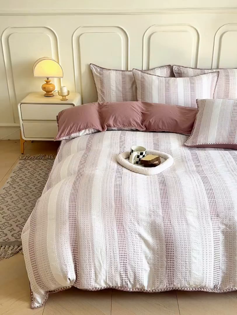 91家纺网 家纺一手货源 找家纺 木子家纺 2026新款水洗棉贝壳边四件套-皖沙 绛沙