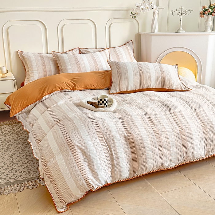 91家纺网 家纺一手货源 找家纺 木子家纺 2026新款水洗棉贝壳边四件套-皖沙 凌霄黄