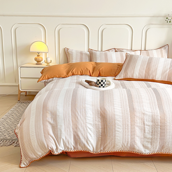 91家纺网 家纺一手货源 找家纺 木子家纺 2026新款水洗棉贝壳边四件套-皖沙 凌霄黄