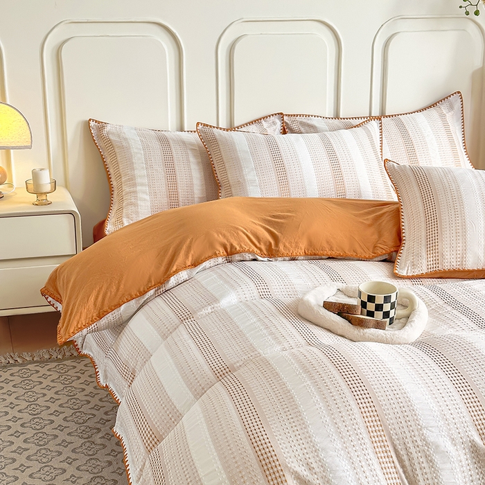 91家纺网 家纺一手货源 找家纺 木子家纺 2026新款水洗棉贝壳边四件套-皖沙 凌霄黄